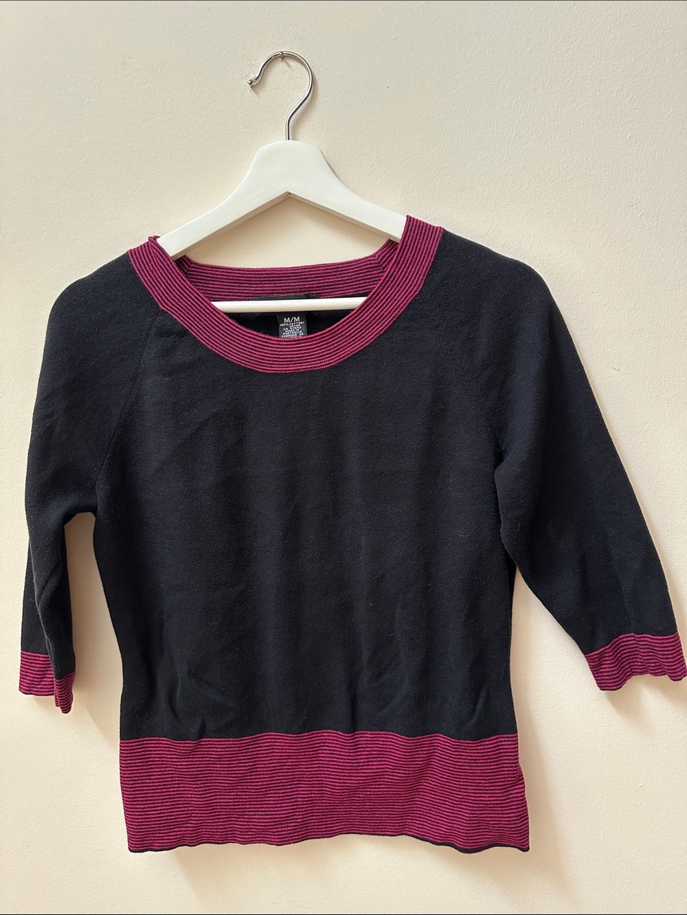 Black Scoop-Neck Sweater with Berry Trim